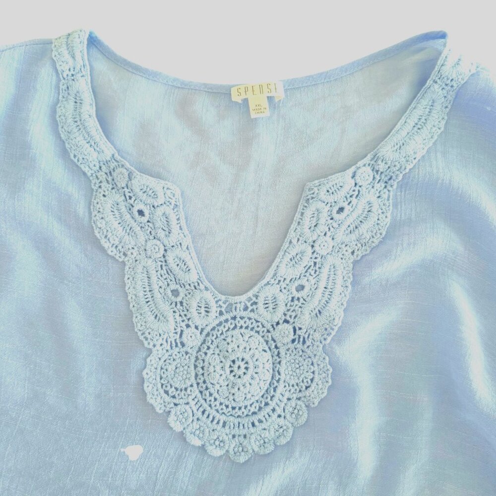 Spense Top Size XXL Light Blue Crochet Neckline Boho Tunic Blouse - Picture 3 of 10